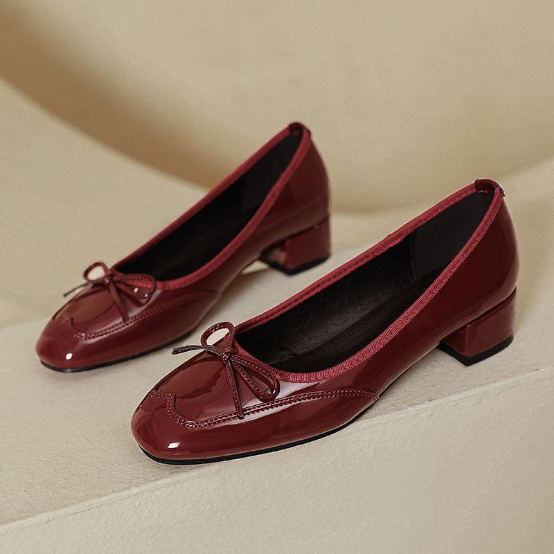 Low-heeled single shoes, light-mouth red bow, spring and autumn new models, not tired, high-heeled shoes, thick heel.