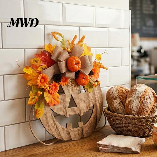 Thanksgiving Wreath for Home Decor Wooden Pumpkin Halloween Door Sign with LED Lights, Artificial Floral Hanging Autumn Flowers Wall Ornament
