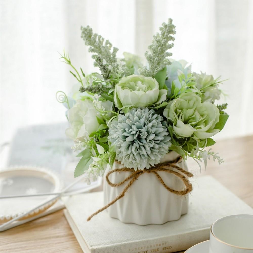 Nordic Fake Flowers with Vase Silk Variety Balls Ceramic Vase Artificial Faux Plants Hemp Rope Rose Artificial Pot Flower