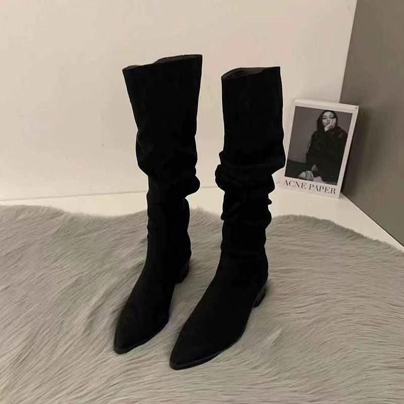 

Retro Pleated Suede Long Boots for Women Winter Fashion Chunky Stiletto Sexy Boots. Large Size Versatile Women s Boots 43 чёрный