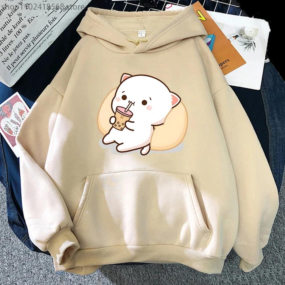 Mikiny Bubble Tea Broskvová Kočka Kawaii Potisk Mikina Ženy Harajuku Streetwear Kreslený Vzor O-Výstřih Top Oblečení