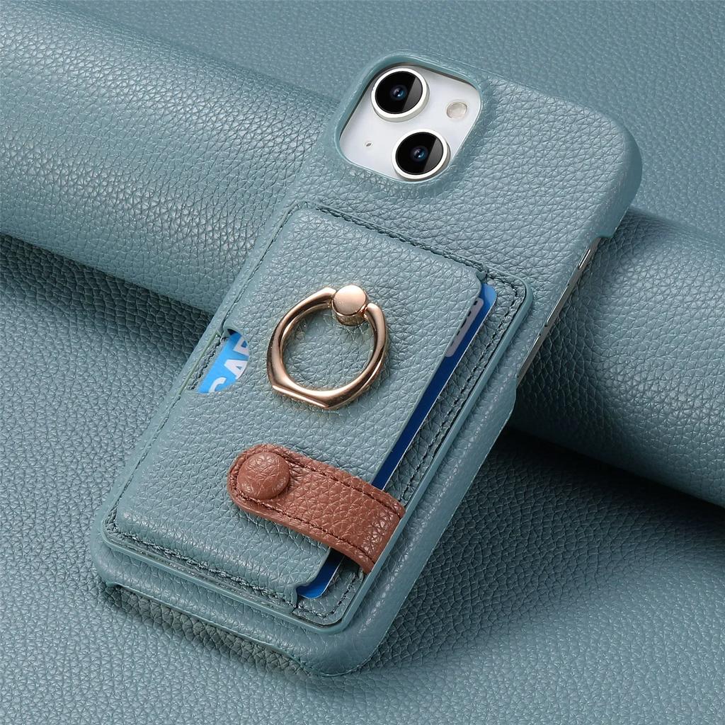 Leather Ring Support Phone Case for IPhone 16E 16 15 14 13 12 11 Pro Max X XR 7 8 Plus Wallet with Card Holder Shockproof Cover