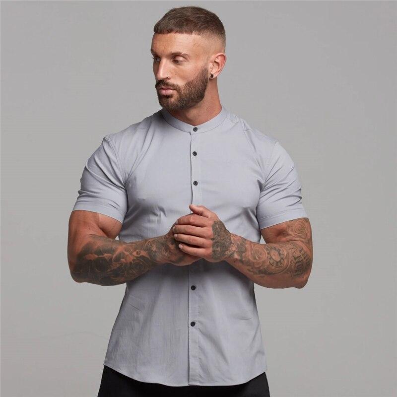 Muscleguys Moda stil retro tricou simplu cu mânecă scurtă pentru bărbați de vară ocazional, simplu, cu guler vertical, cămașă frumoasă