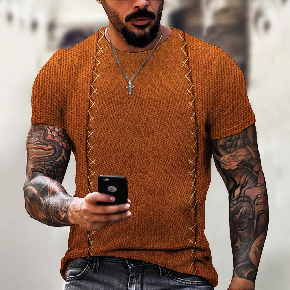 Textured Knit Pattern 3D Printed Short Sleeved T-shirts Summer Round Neck Fashionable Casual Men's T-shirts