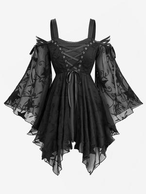 Rosegal Women Plus Size Gothic Blouse Star Embroidery Lace Up Cold Shoulder Flare Sleeve Casual Top