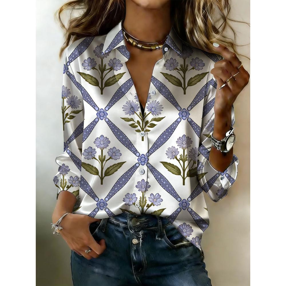 Elegant purple floral grid print long-sleeved shirt. Women's casual collar buttoned shirt, elegant and classic for daily wear.