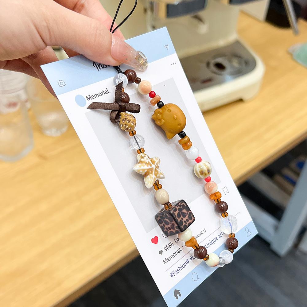 Vintage Brown Leopard Print KItty Cat Square Beaded Mobile Phone Case Chain Accessories Ccd Camera Lanyard Anti-lost Portable Rope