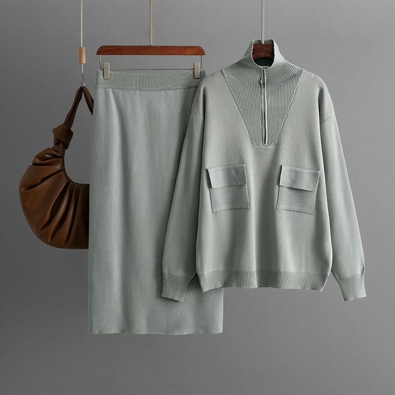 Autumn and Winter New Solid Color Lapel Half Zipper Knitted Top + Temperament Skirt Fashion Two-piece Trendy
