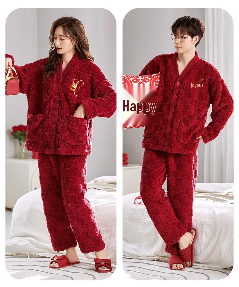 Year of the Snake Couples' Red Coral Fleece Pajamas: Warm Velvet Autumn/Winter Wedding Loungewear for Men and Women
