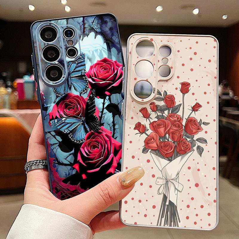 Magnetic For Magsafe Case For Samsung Galaxy S26 Ultra S25 Edge S24 Plus S23 FE S22 A17 A54 A55 A56 A57 5G Red Rose Flowers Pattern Cover