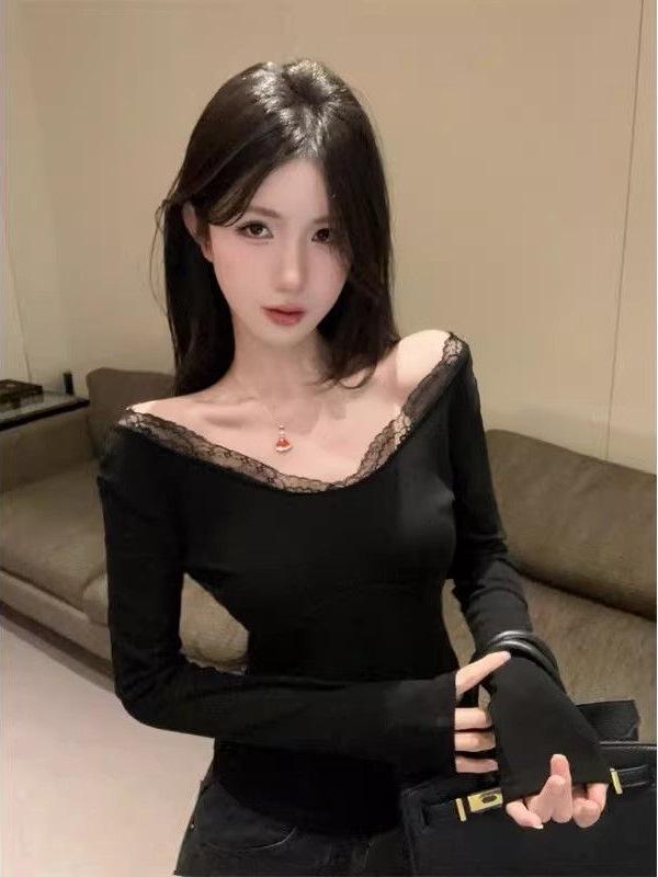 Black Lace V-Neck Long Sleeve Open-Back Slim-Fit Women's Top