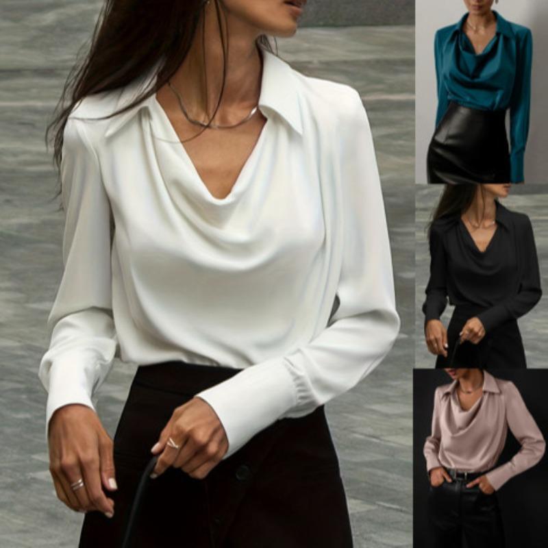 White temperament commuter long-sleeved shirt solid color simple swing collar ladies blouse CY0160