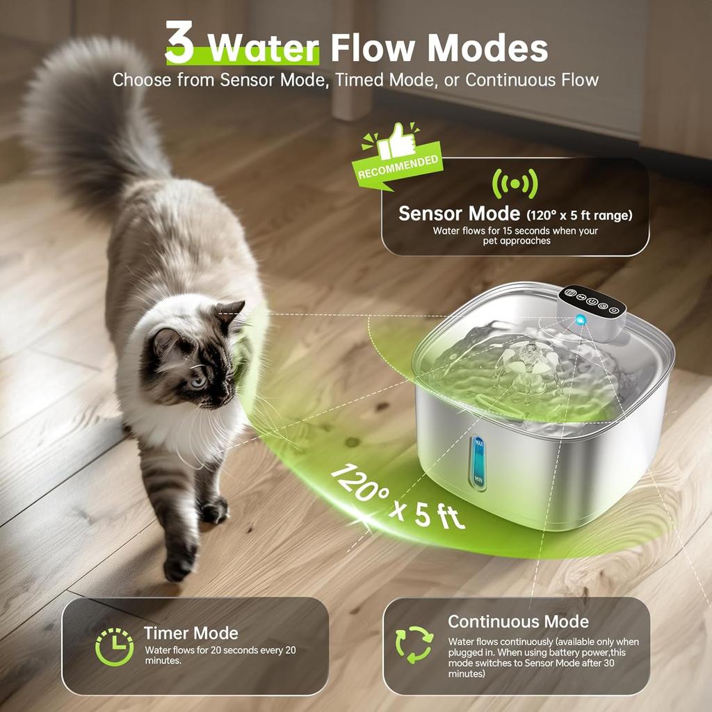 Wireless Cat Water Fountain Battery Operated, 108oz/3.2L Stainless Steel Automatic Pet Water Fountain for Cats & Dogs with Motion Sensor, Ultra Quiet