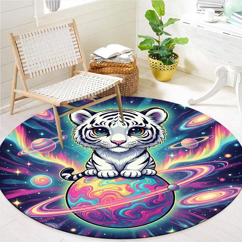 Colorful Planet Animals Round Area Rug,Carpet Rug for Living Room Bedroom Sofa Playroom Decor,Non-slip Floor Mat