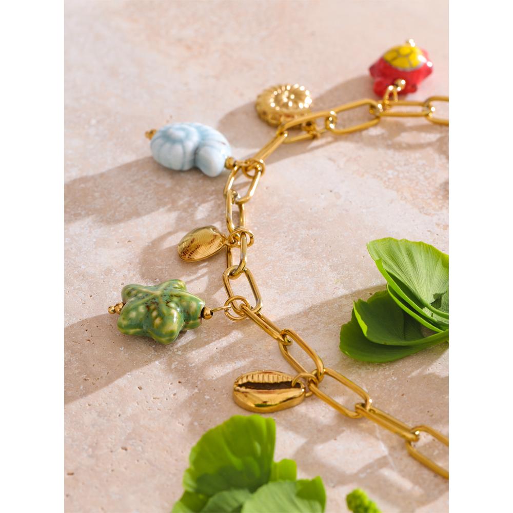 Yhpup Ocean Style Exquisite Ceramic Shell Starfish Turtle Drop Golden Necklace for Women Stainless Steel Trending Jewelry