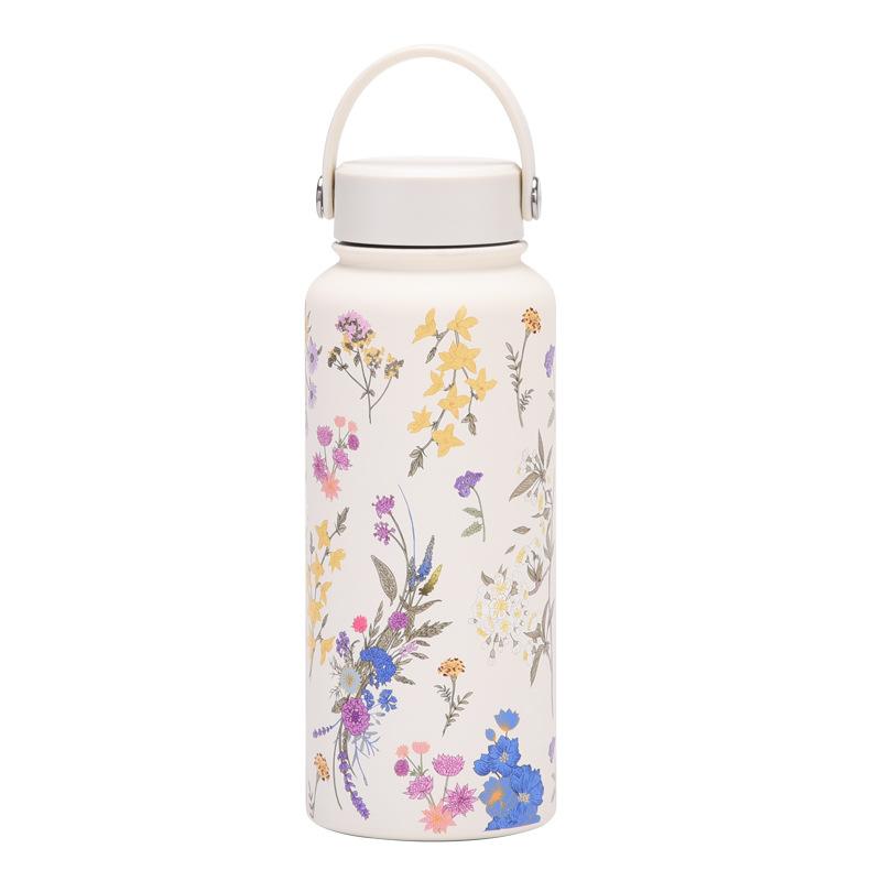 1L Thermos Cup Large Capacity Wide Mouth Portable Vacuum Sports Kettle Outdoor Printing Water Cup Female