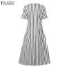 ZANZEA Women Casual V-Neck Loose Short Sleeve Stripe Dress