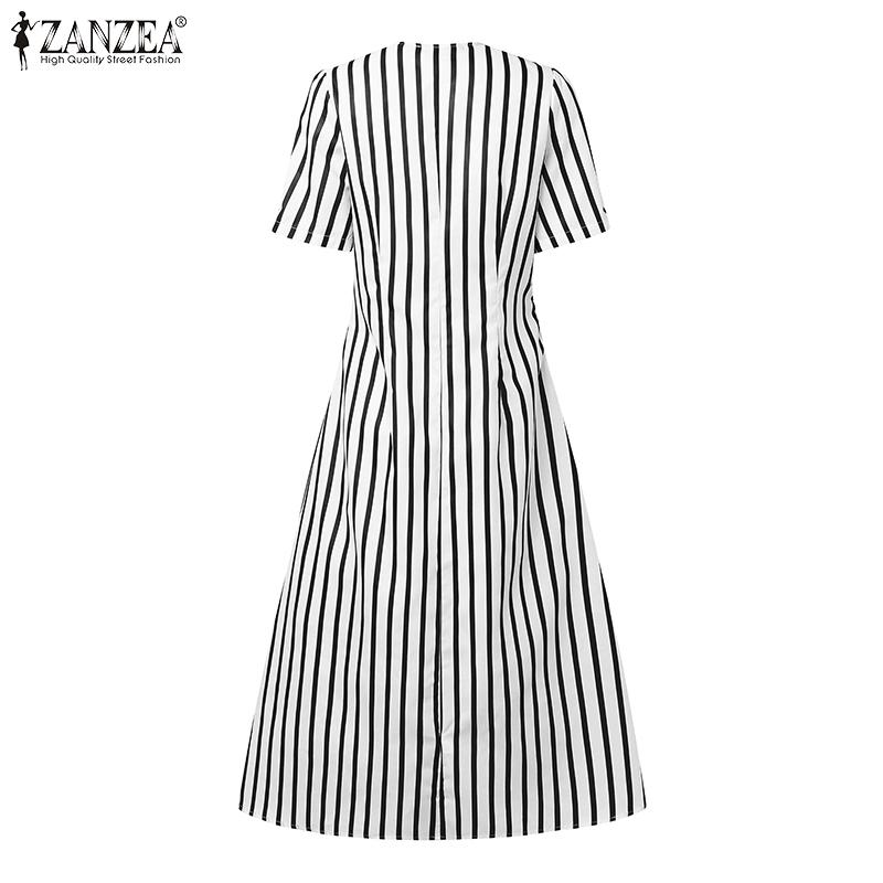 ZANZEA Women Casual V-Neck Loose Short Sleeve Stripe Dress