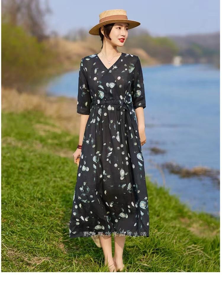 Printed ramie dress 2025 summer new foreign style cotton and linen floral V-neck short-sleeved skirt women