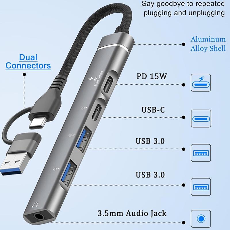USB+Type-C To 3.5mm Audio Adapter OTG USB Hub to Laptop Universal Computer Docking Station Splitter, for PC Multiport Adapter