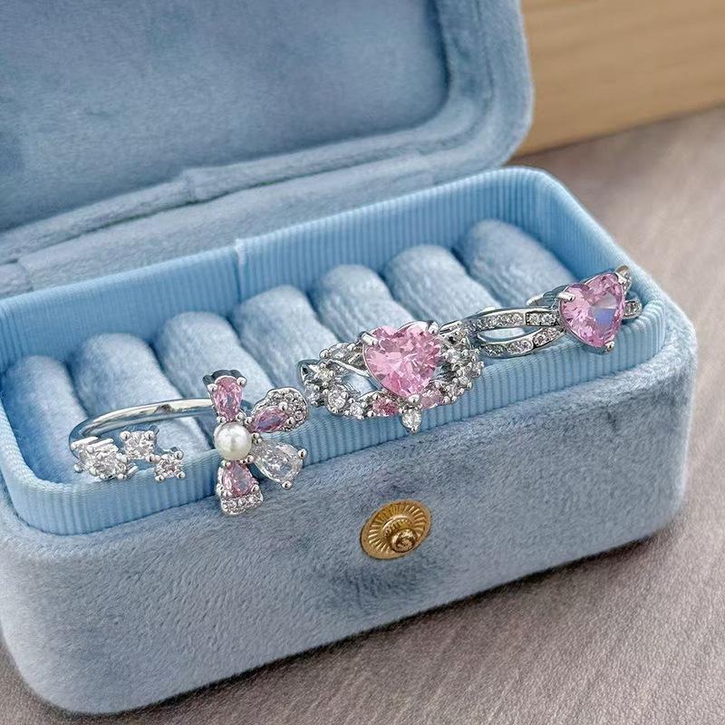 Sweet Crit Romantic Pink Micro-Inlaid Zir*****Pen Ring Female Color Treasure Cold Wind Niche Temperament Light Luxury Ring