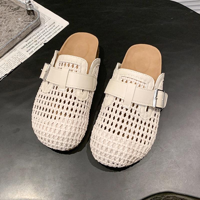 

2025 summer new woven fabric belt buckle half drag mesh surface woven comfortable soft bottom slippers bag head slippers 40 бежевый