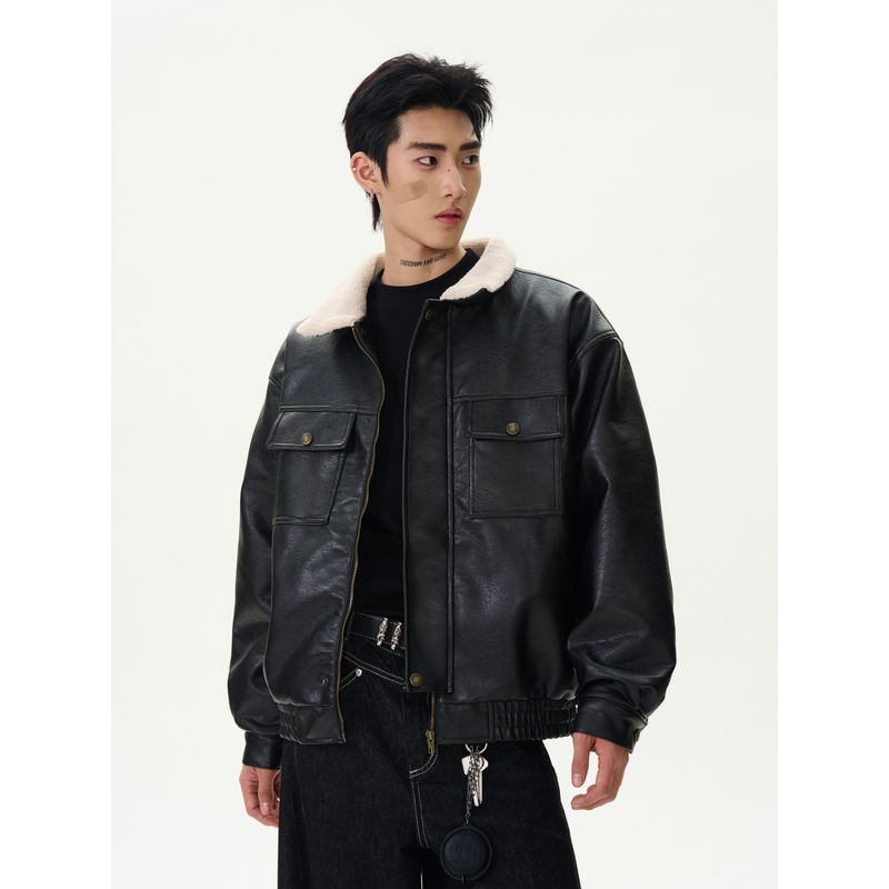 Kisko American Retro Pu Leather Lamb Fur Collar Jacket for Men and Women, High-End Velvet Thickeneded Cotton Outwear for Couples