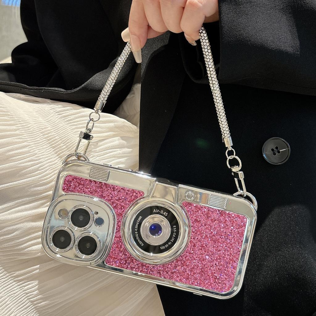 For iPhone 14 Pro Max Cover Glitter Powder Camera Design TPU Phone Case with Tote Strap