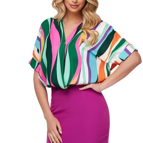 

Полиэстеровая блузка большого размера, цветная свободная посадка, дышащая женская верхняя одежда в полоску с короткими рукавами, летние аксессуары