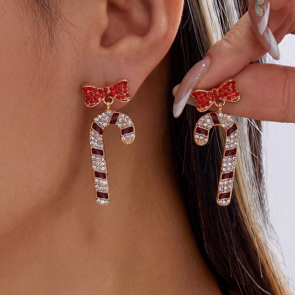 Christmas Rhinestone Gingerbread Man Drop Earrings For Women Candy Cane Bow Snowman Santa Claus Dangle Earring Party Jewelry