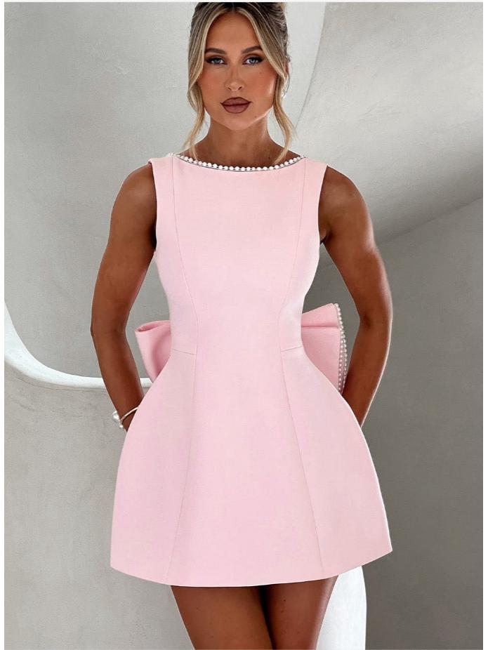 European & American Summer Women's Pearl Bow A-line Backless Dress