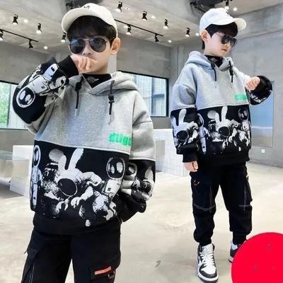 İlkbahar Sonbahar Kış Erkek Kapşonlu Mont Rahat Sweatshirt Bol Uzun Kollu Pamuklu Giysiler Çocuklar İçin 4-14 Yaş
