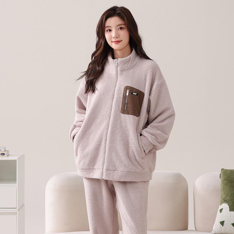 Couple Half Fleece Pajamas Women'S Autumn And Winter Thickened Fleece Warm Coral Fleece Can Be Worn Outside Loungewear Men'S Suit