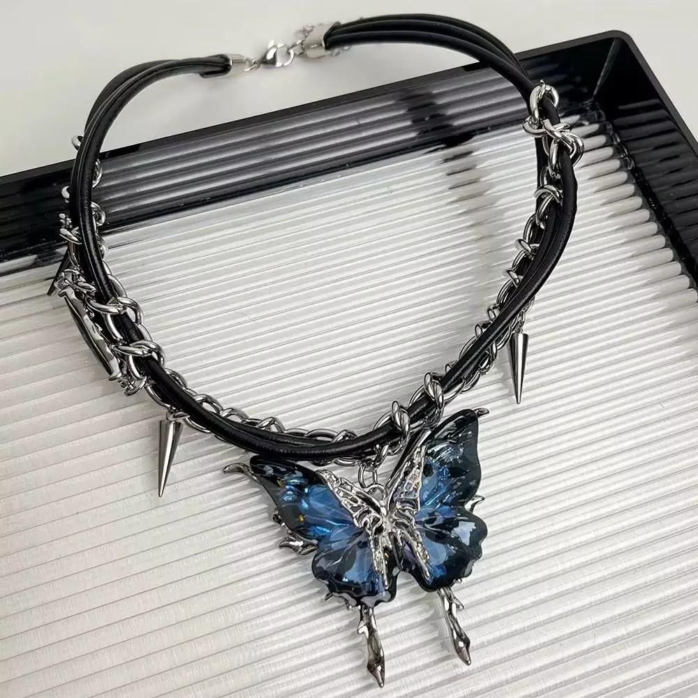 New Goth Punk Exaggerated Butterfly Pendant Short Choker Chain Necklace Women Men Charms Rave Jewelry Y2K EMO Scene Accessories