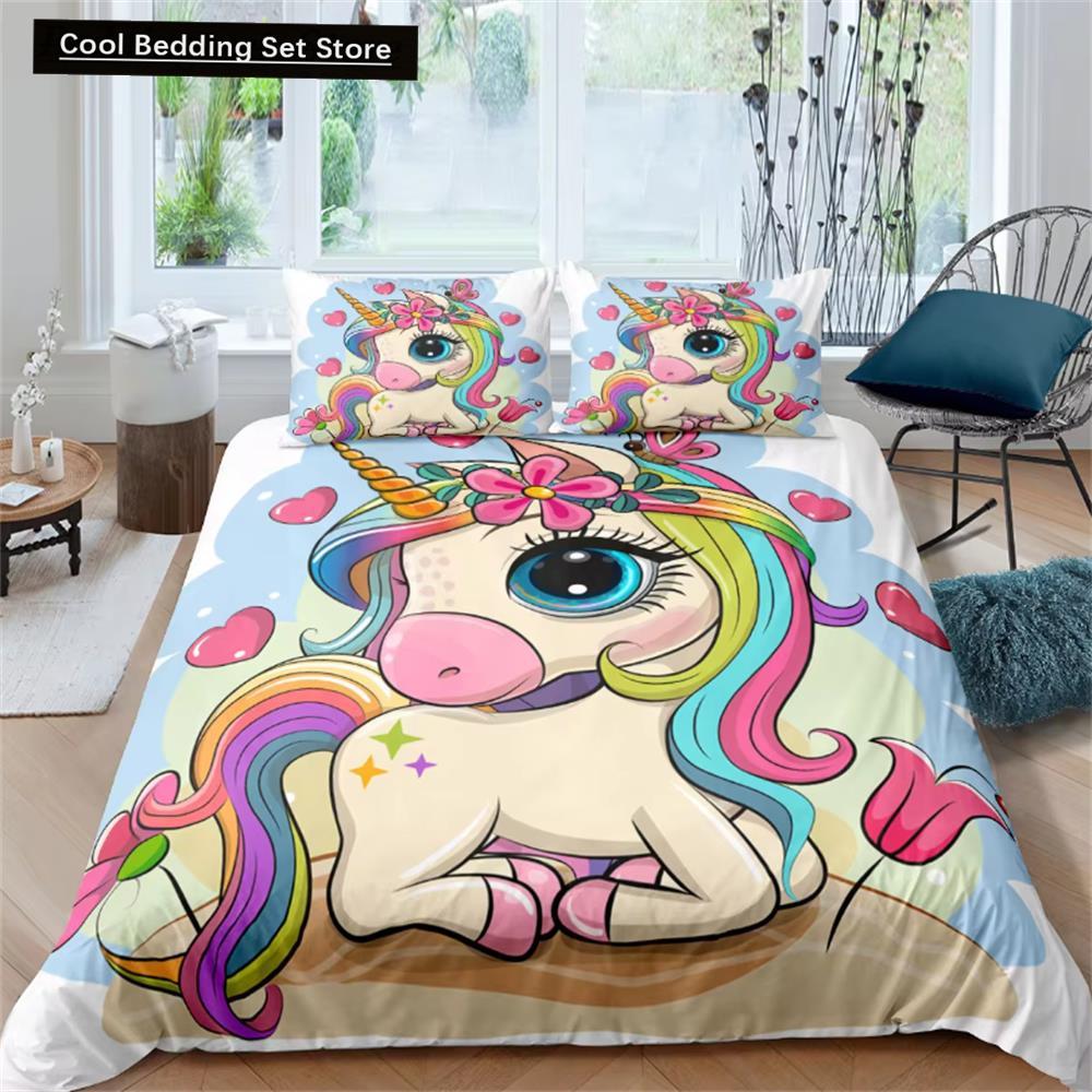 Kinderbettwäsche-Sets, Geschenke, Bettbezug-Sets mit Einhorn- und buntem Pferdedruck für Kinder, Mädchen und Jungen, 2/3-teilig, einzelne rosa Steppdecken
