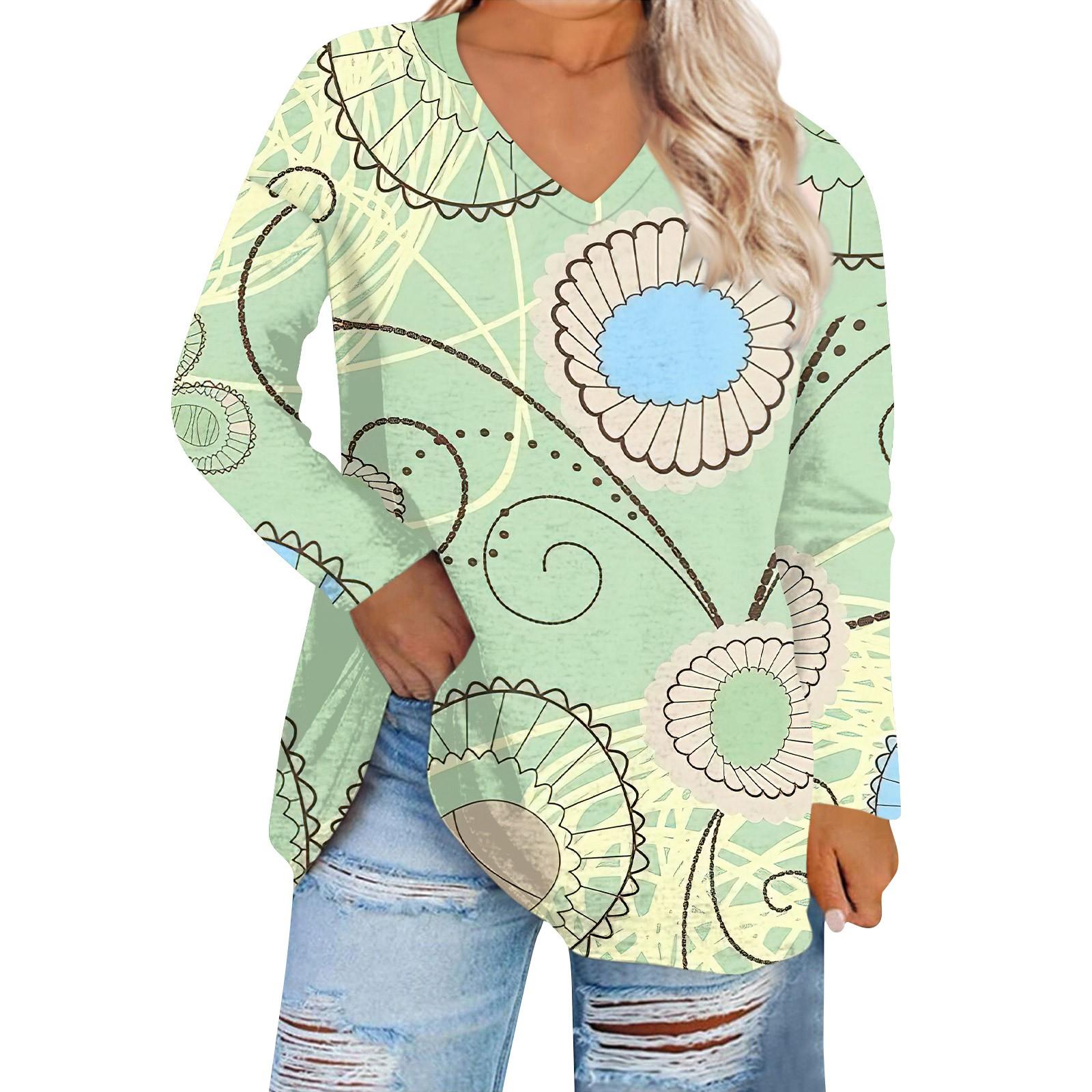 

Женская мода с цветочным принтом и v-образным вырезом плюс размер повседневная футболка с длинным рукавом Топ XXXL