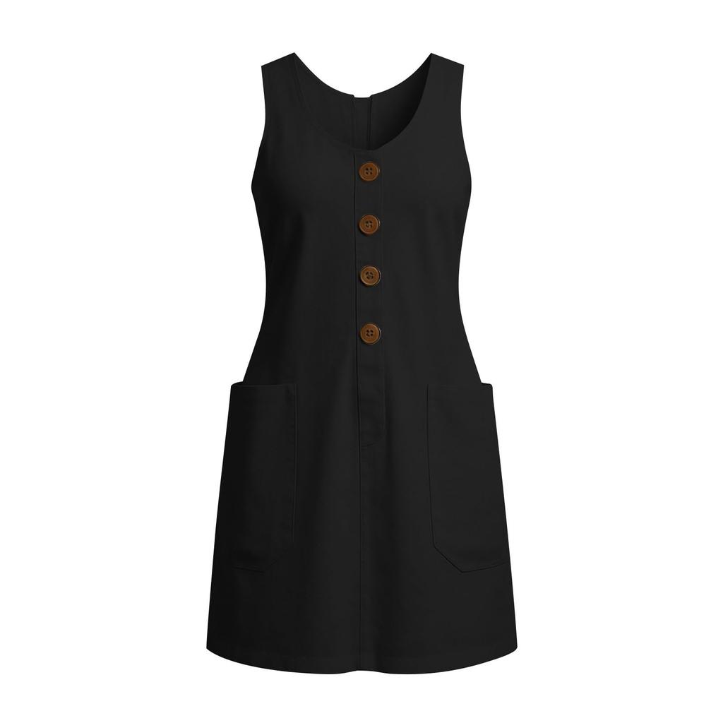 Womens Dress Summer Sleeveless Dress with Button Pockets Casual Beach Dresses