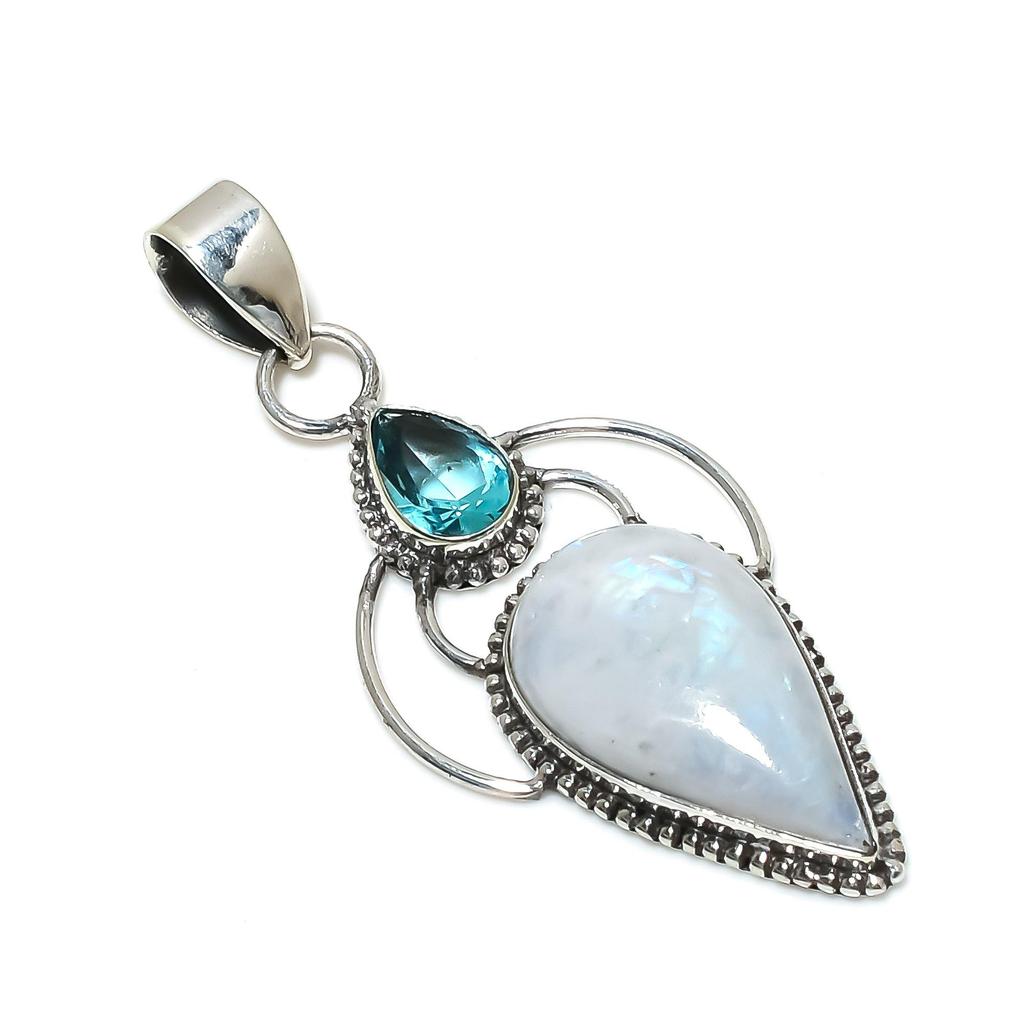 Natural Rainbow Moonstone Gemstone Silver Pendant In 925 Sterling Silver- Handmade Design, Everyday Wear Jewelry, Unique Blue Topaz Pendant