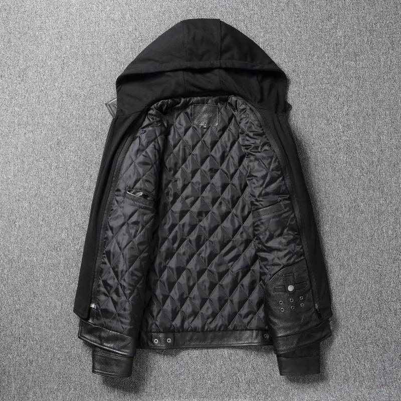 Chinese Size Removable Hooded Leather Jacket Men Genuine Cowhide Leather Coat Slim Biker Clothing Mens Coat Winter Veste Cuire Homme