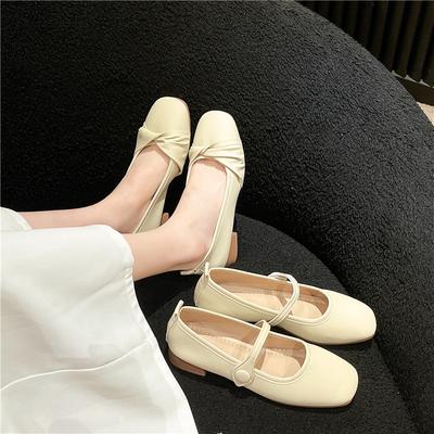 Spring New Square Head Low Heel Single Shoes Women's Word with Thick Heel Women's Shoes Soft Sole Gentle Small Leather Shoes