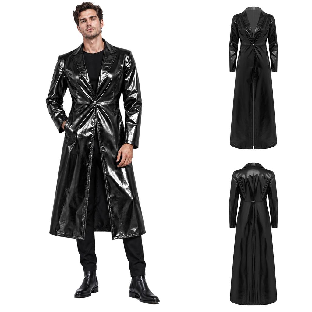 Men Ankle Length Metallic Trench Coat with Turn-down Collar Long Sleeve One Button Closure Jacket for Daily Casual Club Party
