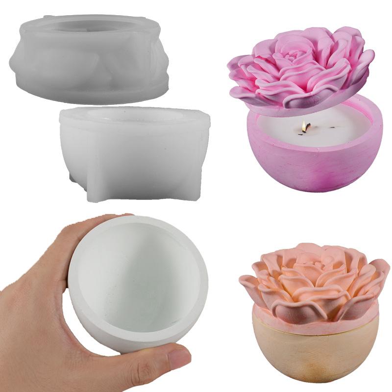 

3D Силіконова форма для свічки у вигляді троянди з кришкою, форма для виготовлення півонії, коробка для зберігання ювелірних виробів, виготовлення гіпсу, смоли, домашній декор