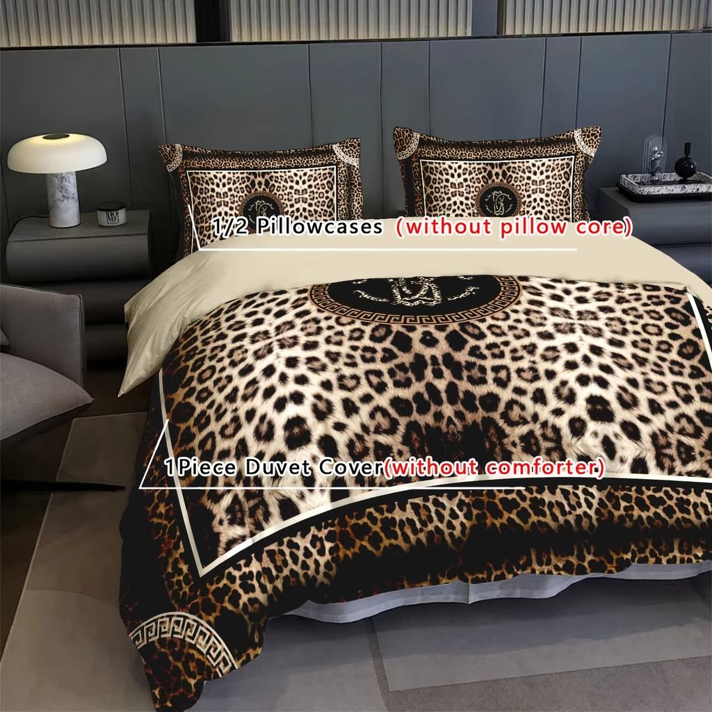 2/3-teiliges Bettwäsche-Set mit Leopardenmuster, 3D-Druck, inklusive 1 Bettbezug + 1/2 Kissenbezüge, Bettbezug-Set Queen/King-Size