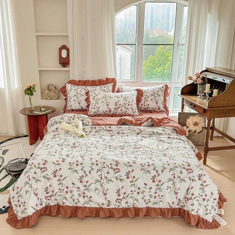 Niedliches Cartoon-Kaninchen Bettwäsche-Set Queen Rosa Tulpenblumen Sommer Dünne Steppdecke Weiche Botanische Blumensteppdecke mit 2 Kissenbezügen