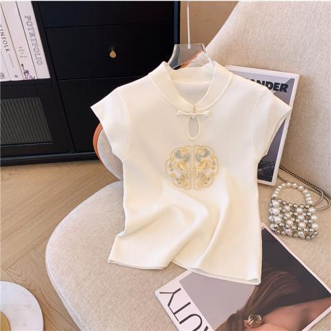 Chinese New National Style Mandarin Collar Embroidery Knit Short Sleeve Top S