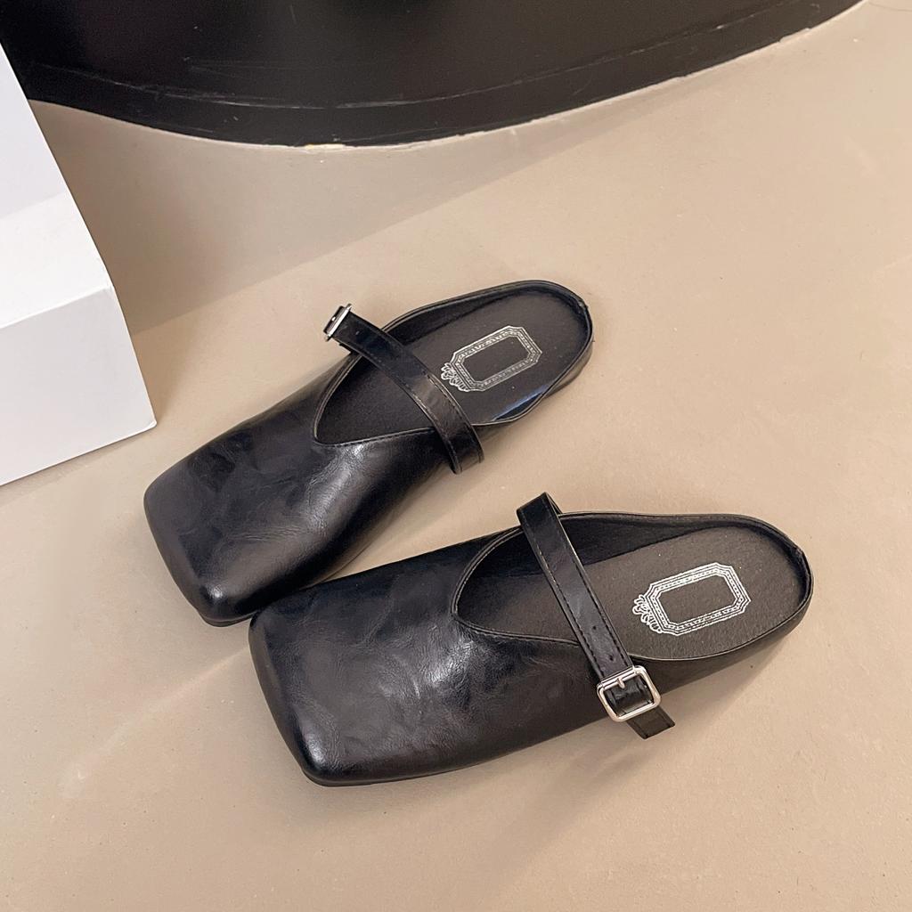 2025 spring new fashion Korean version of simple belt buckle square head bag head half drag without heel lazy slippers women