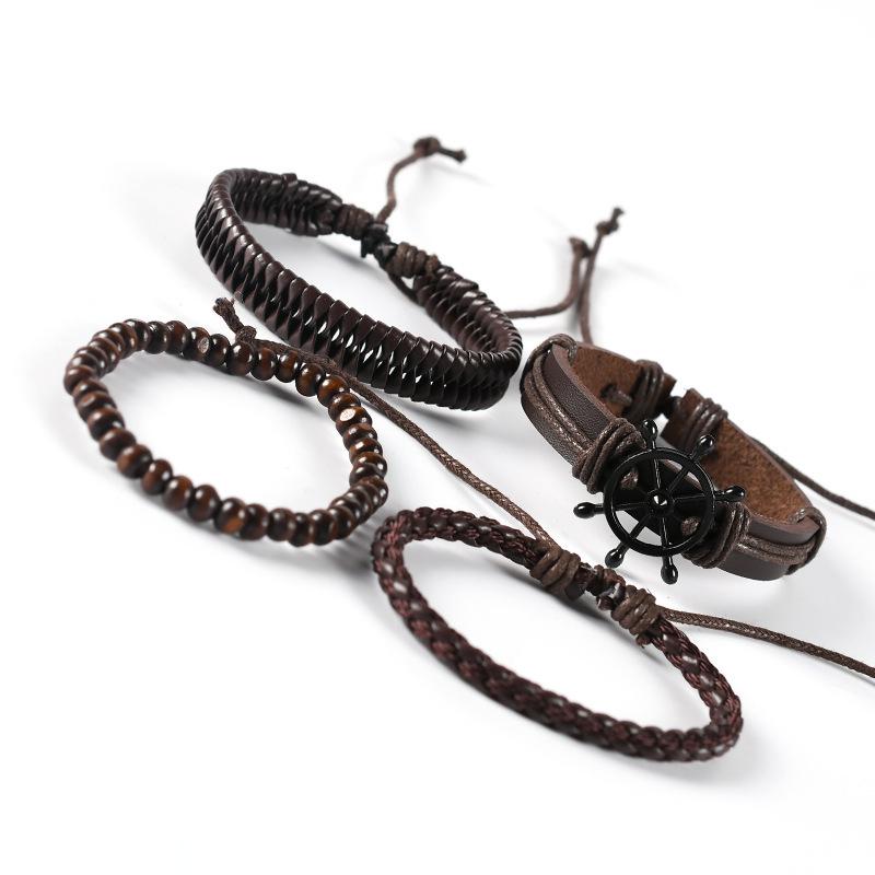 4-Piece DIY Weaving Bracelet Set: Fashionable Black & Brown Ship Wheel Cowhide Bracelets for Men & Women, Retro Style Jewelry.