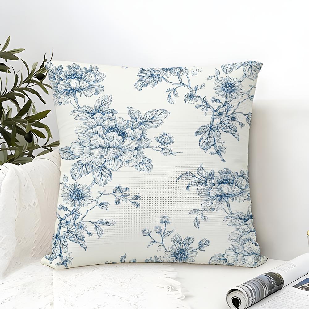 Calm Blue Floral Pattern Pillow Case Linen Pillow Case Sofa Home Decor Cushion Cover Cushion Cove