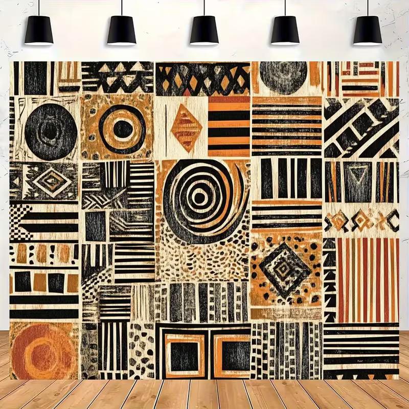 2D Flat Print African Tribal Tapestry with Geometric Patchwork, Black Orange Beige Mud Cloth Design