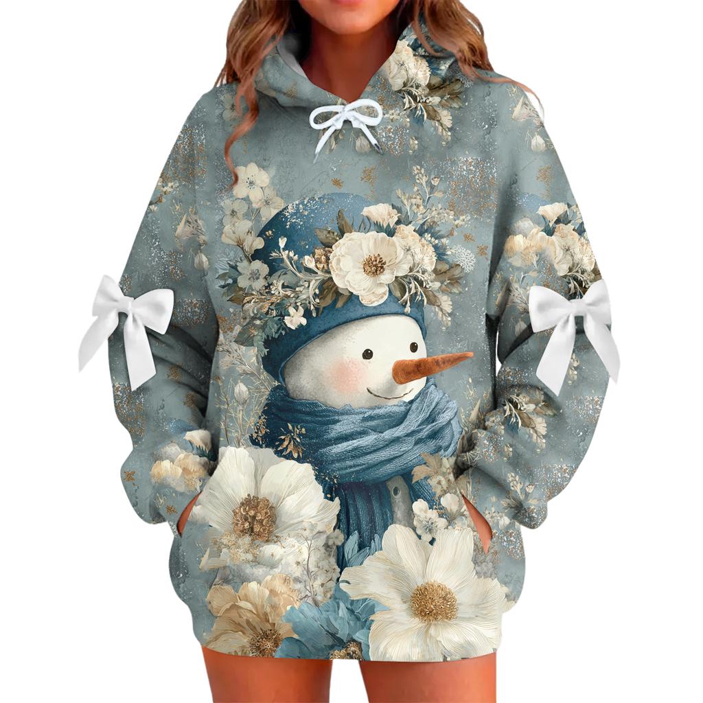 Ladies' Christmas Printed Bow Long Sleeved Loose Fitting Headband With Rope Hooded Sweatshirt Top